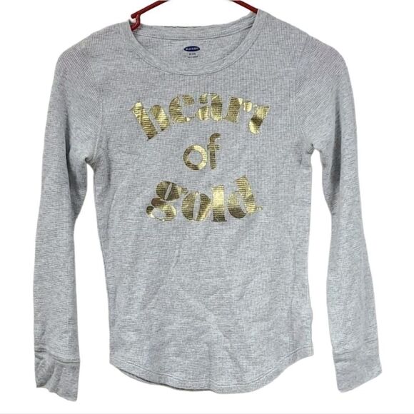 Old Navy Girls XL (14) Gray Thermal Tee HEART OF GOLD Shiny Foil Print LS Shirt - Picture 1 of 6